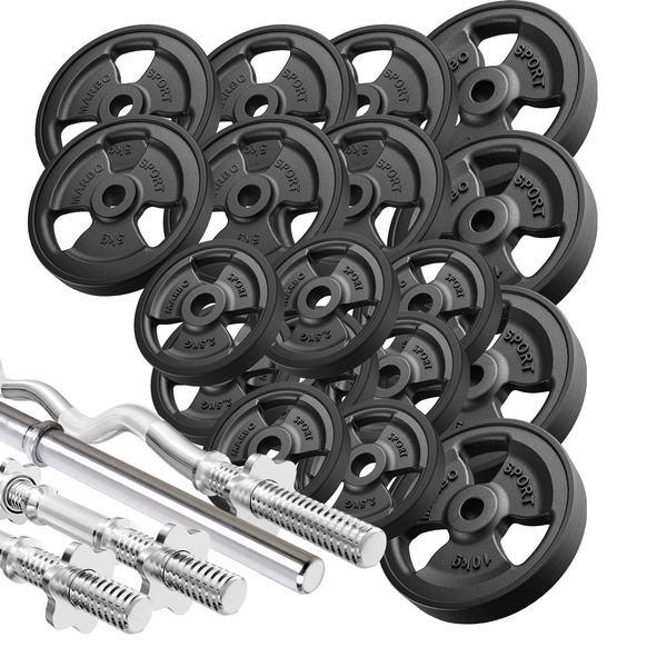 Barbell bars rubberized tri-grip weight plates set 113 kg - Marbo Sport