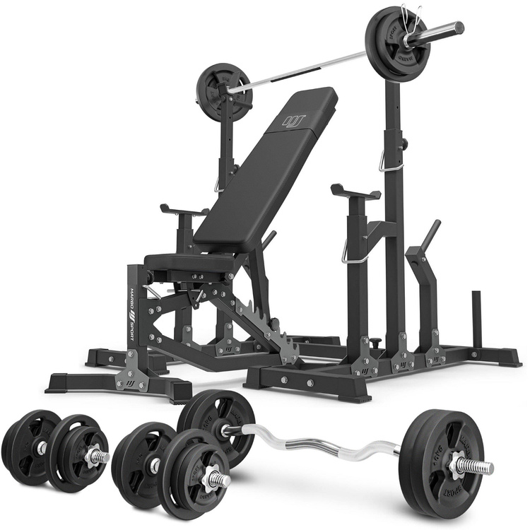 Set MS11_2.0_113KG | double-sided adjustable training bench + adjustable stands + bar and weight plates set 113 kg - Marbo Sport