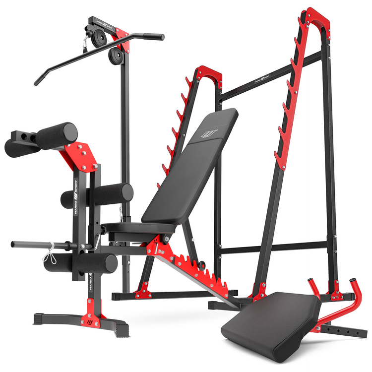 Set MH26 | Adjustable bench with adapter MH-L115 + Multi rack MH-S204 + Leg trainer MH-A102 + Preacher curl attachment MH-A101 + Lat attachment MH-W104 - Marbo Sport