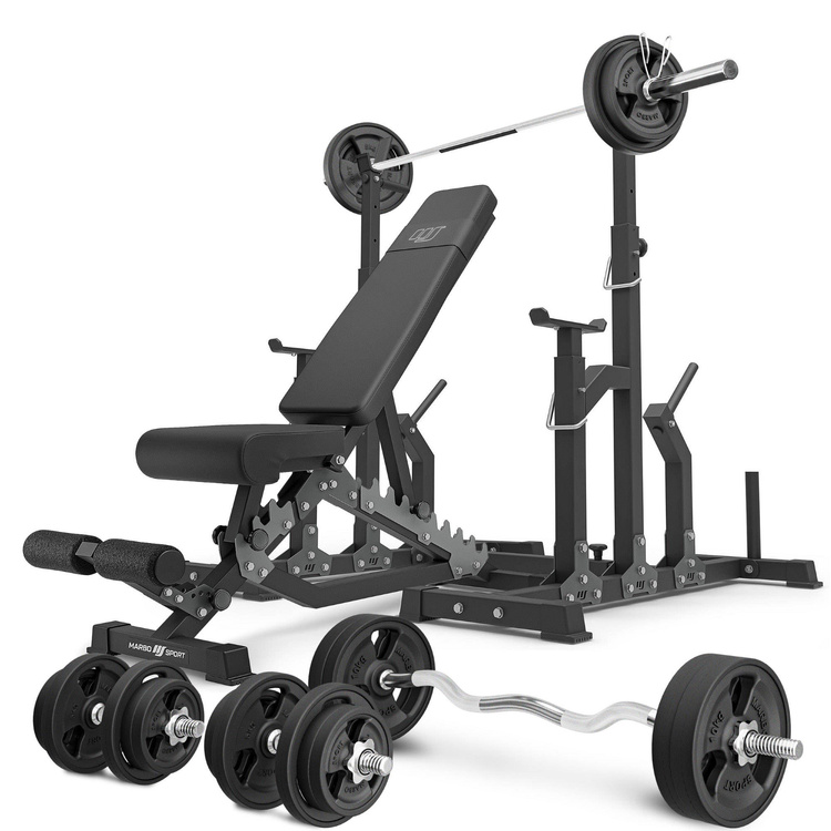 Set MS2_2.0_113KG_G | double-sided bench + adjustable stands + bar and weight plates rubberized set 113 kg - Marbo Sport
