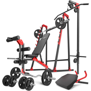 Set MH26_147KG_KIER | Adjustable bench with adapter + Multi rack + Leg trainer + Preacher curl attachment + Lat attachment + reinforced bars and weights set 83 kg - Marbo Sport