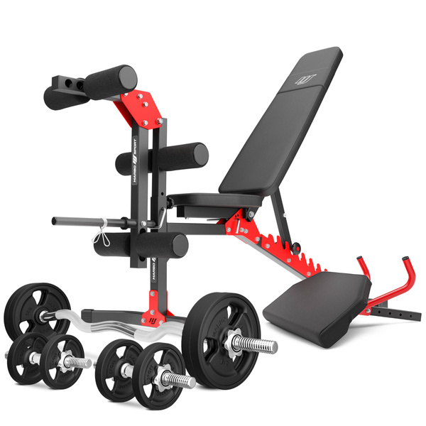 Set MH1_68KG_KIER_G | Adjustable bench MS-L115 + Preacher curl attachment MH-A101 + Leg developer attachment Semi-Pro MH-A102 + reinforced bars and rubberized weights set 42 kg - Marbo Sport