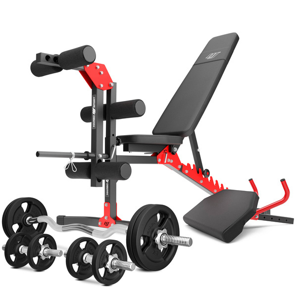 Set MH1_68KG_KIER | Adjustable olympic bench MS-L105 + Preacher curl attachment MS-A101 + Leg developer attachment Semi-Pro MS-A102 + Lat attachment MS-W102 + reinforced bars and weights set 42 kg - Marbo Sport