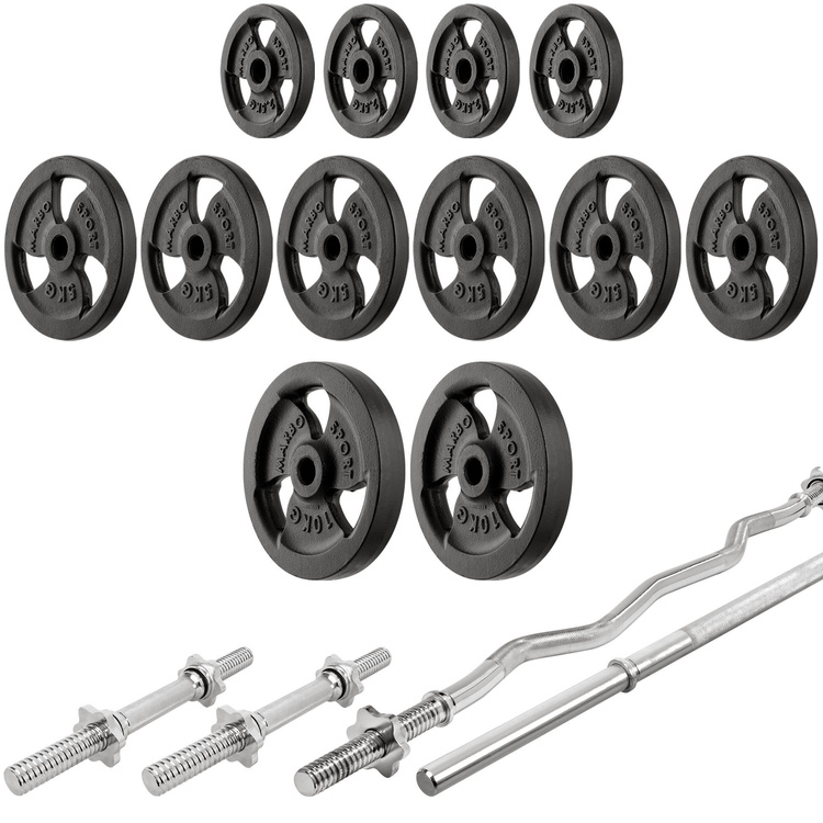 Set MH9_121KG_KIER | Adjustable bench MH-L114 + Adjustable exercise racks stands MH-S201 + Seated preacher curl MH-L105 + reinforced bars and weights set 83 kg - Marbo Sport