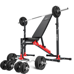 Set MH19_141KG_KIER_G | Adjustable bench with adapter MH-L115 + Adjustable exercise racks stands MH-S201 + reinforced bars and rubberized weights set 113 kg - Marbo Sport