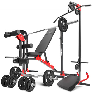Set MH25_132KG_KIER_G | Adjustable bench with adapter + Adjustable exercise racks stands + Leg trainer (to the weight bench) Home + Preacher curl attachment + Lat attachment + reinforced bars and rubberized weights set 83 kg - Marbo Sport