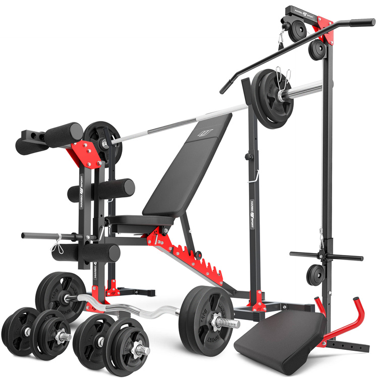 Set MH25_162KG_KIER | Adjustable bench with adapter + Adjustable exercise racks stands + Leg trainer + Preacher curl attachment + Lat attachment + reinforced bars and weights set 113 kg - Marbo Sport