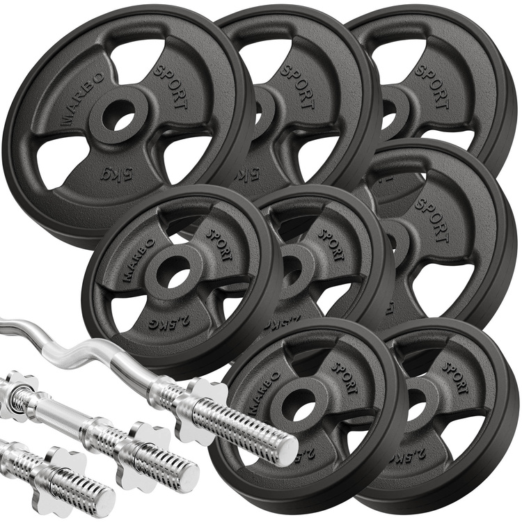 Set MS39_2.0_42KG_G | double-sided adjustable training bench + preacher curl attachmen + leg press + bar and weight plates rubberized set 42kg - Marbo Sport