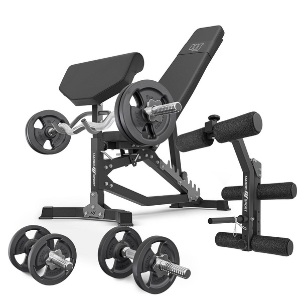 Set MS39_2.0_42KG | double-sided adjustable training bench + preacher curl attachmen + leg press +  bar and weight plates set 42kg - Marbo Sport