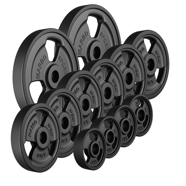Tri-Grip rubberized cast iron weight plates set 29 kg / 2 x 5 kg + 6 x 2.5 kg + 4 x 1 kg - Marbo Sport
