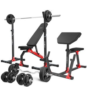 Set MH9_151KG_KIER | Adjustable bench MH-L114 + Adjustable exercise racks stands MH-S201 + Seated preacher curl MH-L105 + reinforced bars and weights set 113 kg - Marbo Sport