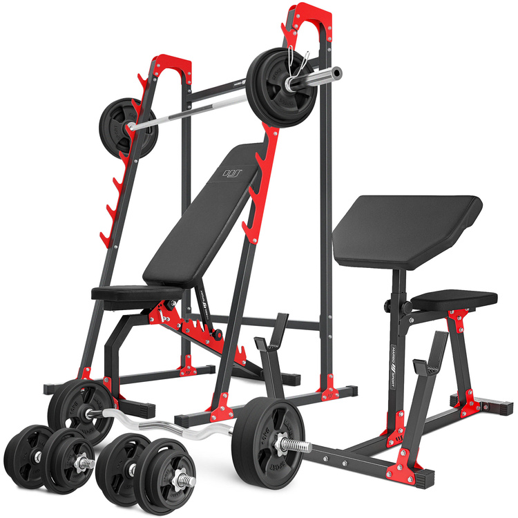 Set MH10_166KG_KIER_G | Adjustable bench MH-L114 + Multi rack MH-S204 + Seated preacher curl MH-L105 + reinforced bars and rubberized weights set 113 kg - Marbo Sport