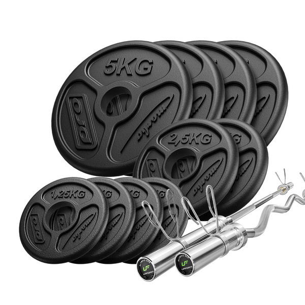 Set 55kg | Olympic barbell 180 cm + slightly curved curl bar 120 cm + weight plates 4x5kg, 2x2.5kg, 4x1.25kg - Marbo Sport