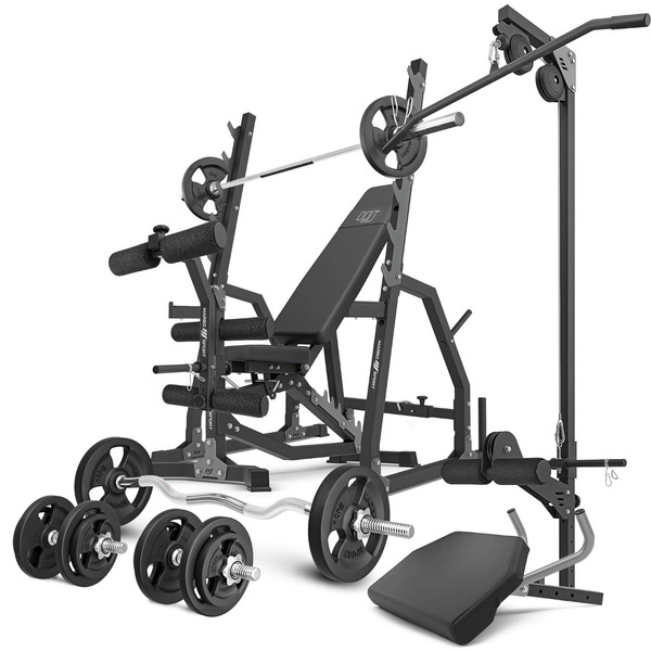 Set MS36_2.0_83KG | double-sided adjustable training bench + stands with belay and spacing adjustment + preacher curl attachmen + leg press + lat attachment + bar and weight plates set 83 kg - Marbo Sport