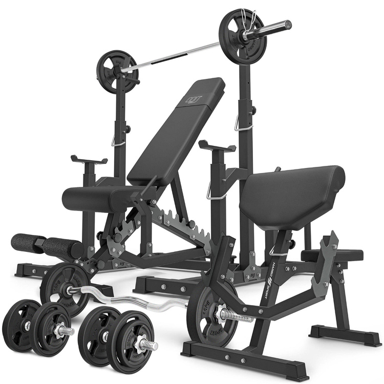 Set MS5_2.0_83KG_G | double-sided bench + adjustable stands Scott bench with adjustable support + bar and weight plates rubberized set 83 kg - Marbo Sport