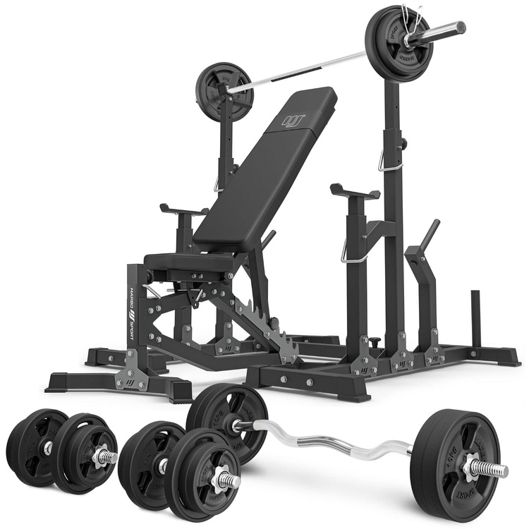 Set MS11_2.0_113KG_G | double-sided adjustable training bench + adjustable stands + bar and weight plates rubberized set 113 kg - Marbo Sport
