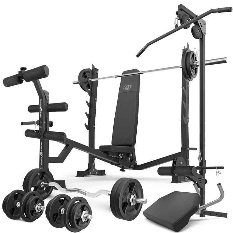 Set MS41_2.0_113KG | Adjustable bench with stands and negative slant + preacher curl attachmen + leg press + lat attachment + bar and weight plates set 113 kg - Marbo Sport