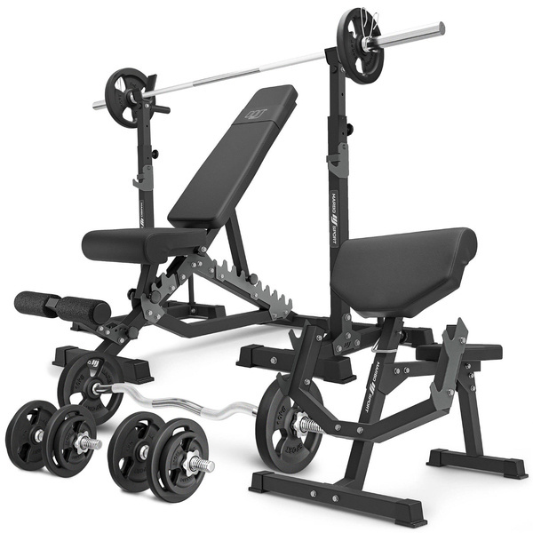 Set MS33_2.0_83KG | double-sided bench + multilevel barbell racks + Scott bench with adjustable support + bar and weight plates set 83 kg - Marbo Sport