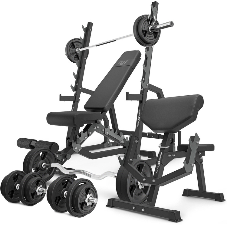 Set MS6_2.0_113KG_G | double-sided bench + stands with belay and spacing adjustment + Scott bench with adjustable support + bar and weight plates rubberized set 113 kg - Marbo Sport