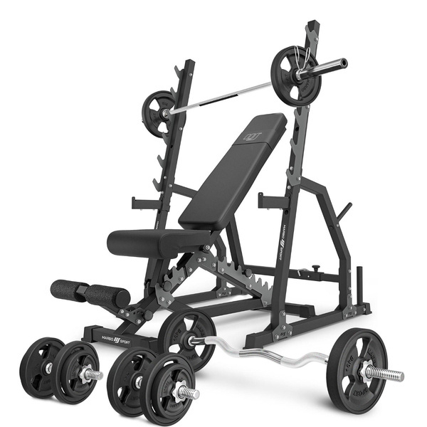 Set MS3_2.0_83KG_G | double-sided bench + stands with belay and spacing adjustment + bar and weight plates rubberized set 83 kg - Marbo Sport