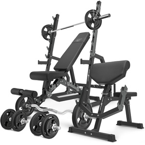 Set MS6_2.0_83KG_G | double-sided bench + stands with belay and spacing adjustment + Scott bench with adjustable support + bar and weight plates rubberized set 83 kg - Marbo Sport