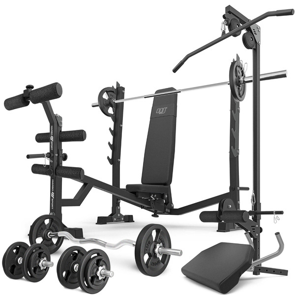 Set MS41_2.0_83KG | Adjustable bench with stands and negative slant + preacher curl attachmen + leg press + lat attachment + bar and weight plates set 83 kg - Marbo Sport