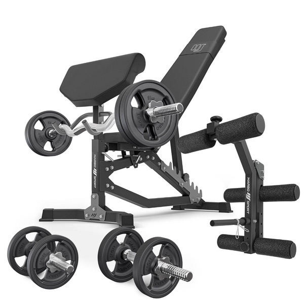 Set MS39_2.0_42KG_G | double-sided adjustable training bench + preacher curl attachmen + leg press +  bar and weight plates rubberized set 42kg - Marbo Sport