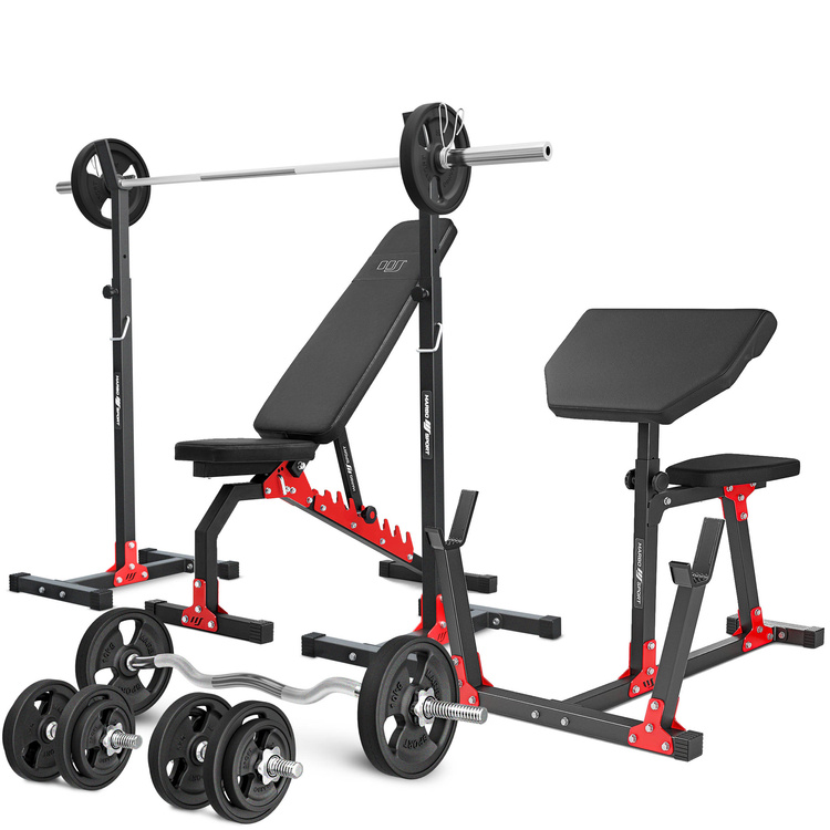 Set MH9_121KG_KIER_G | Adjustable bench MH-L114 + Adjustable exercise racks stands MH-S201 + Seated preacher curl MH-L105 + reinforced bars and rubberized weights set 83 kg - Marbo Sport