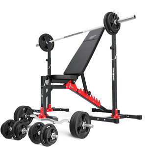 Set MH19_141KG_KIER | Adjustable bench with adapter MH-L115 + Adjustable exercise racks stands MH-S201 + reinforced bars and weights set 113 kg - Marbo Sport