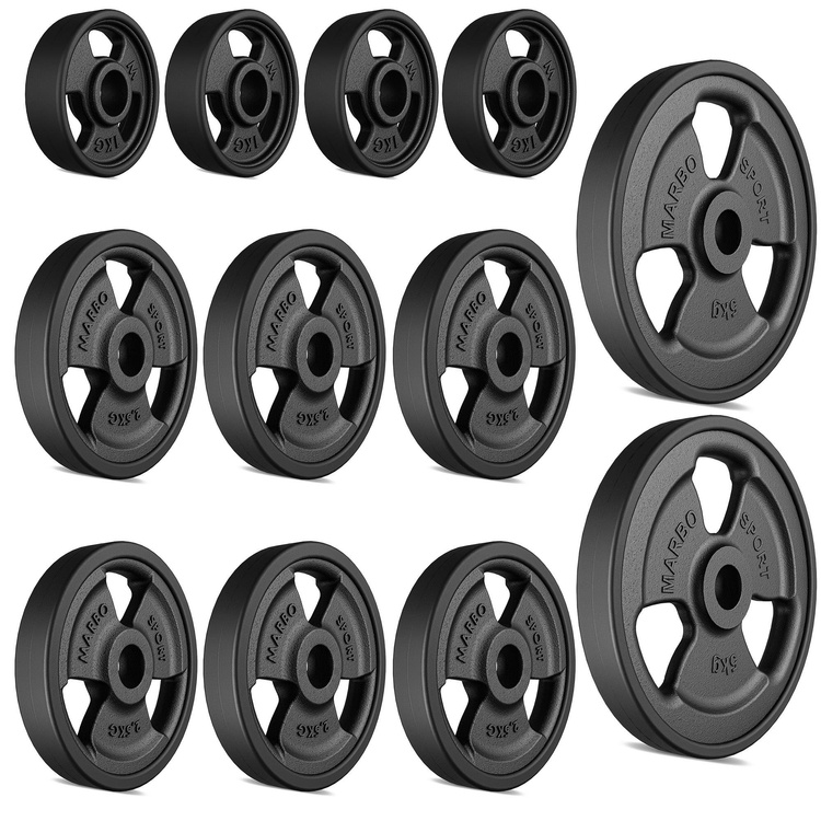 Tri-Grip rubberized cast iron weight plates set 29 kg / 2 x 5 kg + 6 x 2.5 kg + 4 x 1 kg - Marbo Sport