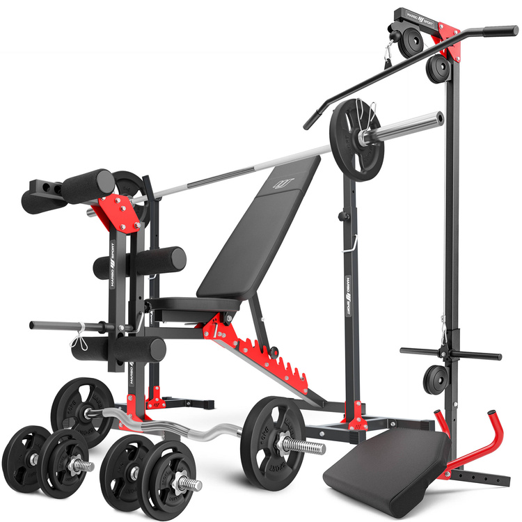 Set MH25_132KG_KIER | Adjustable bench with adapter + Adjustable exercise racks stands + Leg trainer + Preacher curl attachment + Lat attachment + reinforced bars and weights set 83 kg - Marbo Sport