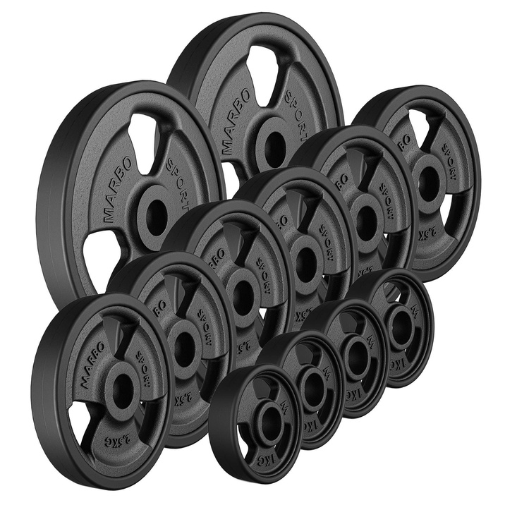 Tri-Grip rubberized cast iron weight plates set 29 kg / 2 x 5 kg + 6 x 2.5 kg + 4 x 1 kg - Marbo Sport