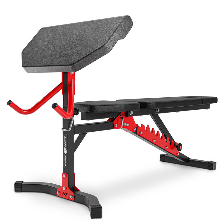 Set MH1_68KG_KIER | Adjustable olympic bench MS-L115 + Preacher curl attachment MH-A101 + Leg developer attachment Semi-Pro MH-A102 + reinforced bars and weights set 42 kg - Marbo Sport