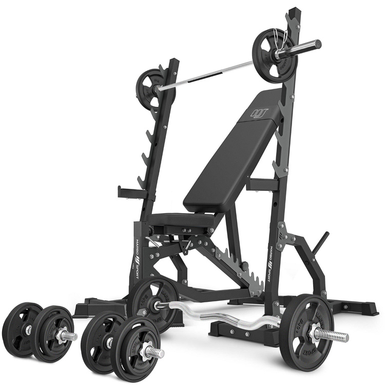Set MS8_2.0_83KG_G | double-sided adjustable training bench + multilevel barbell racks (2 pieces) + bar and weight plates rubberized set 83 kg - Marbo Sport