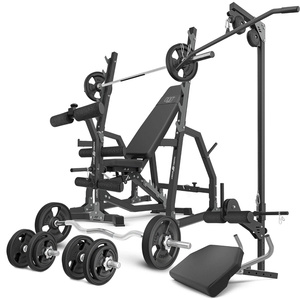 Set MS36_2.0_83KG_G | double-sided adjustable training bench + stands with belay and spacing adjustment + preacher curl attachmen + leg press + lat attachment + bar and weight plates rubberized set 83 kg - Marbo Sport