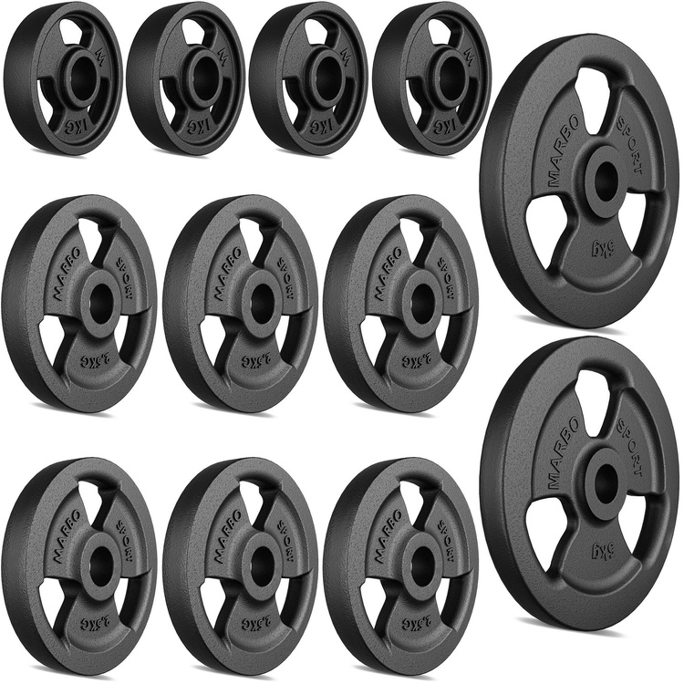 Tri-Grip weight plates made of cast iron set 29 kg / 2 x 5 kg + 6 x 2.5 kg + 4 x 1 kg - Marbo Sport