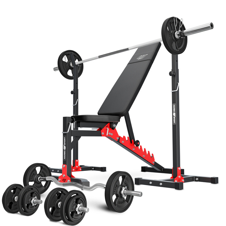 Set MH19_111KG_KIER_G | Adjustable bench with adapter MH-L115 + Adjustable exercise racks stands MH-S201 + reinforced bars and rubberized weights set 83 kg - Marbo Sport