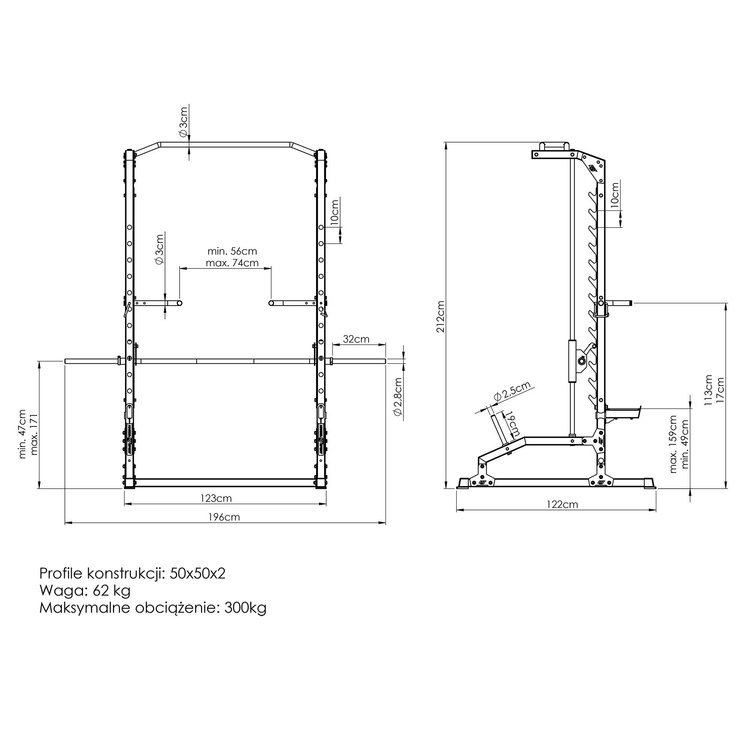 Smith machine with pull-up bar and dip handrails MS-U105 2.0 - Marbo Sport