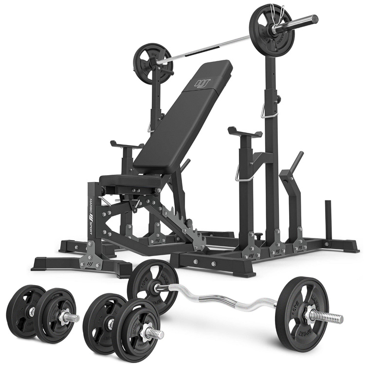 Set MS11_2.0_83KG_G | double-sided adjustable training bench + adjustable stands + bar and weight plates rubberized set 83 kg - Marbo Sport