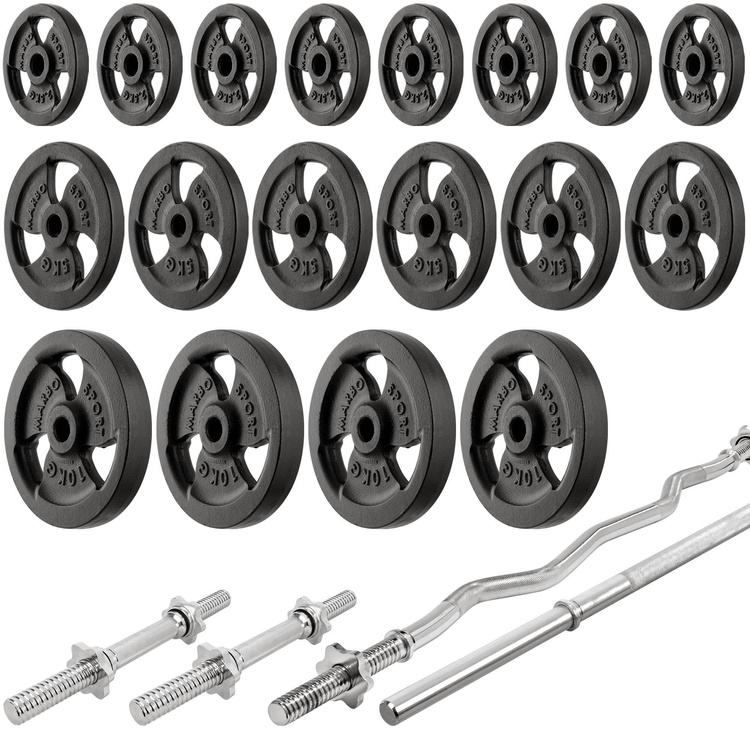 Set MS30_2.0_113KG | double-sided adjustable training bench + multilevel barbell racks (2 pieces) with assistance + bar and weight plates set 113 kg - Marbo Sport