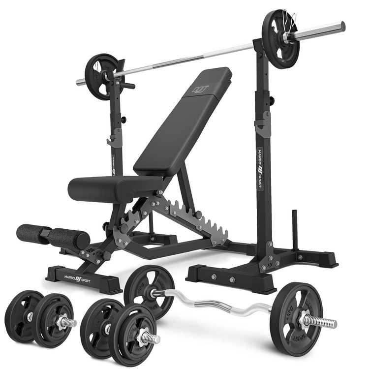 Set MS34_2.0_83KG_G | double-sided bench + multilevel barbell racks (2 pieces) with assistance + bar and weight plates rubberized set 83 kg - Marbo Sport
