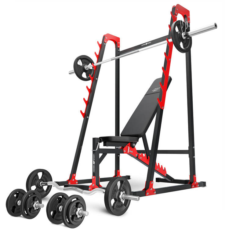Set MH24_126KG_KIER | Adjustable bench with adapter MH-L115 + Multi rack MH-S204 + reinforced bars and weights set 83 kg - Marbo Sport